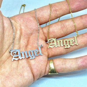 Glam Gold New Cute Angel Old English Font Necklace