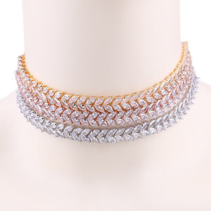 Glam Gold Marquise Leaf Cubic Zirconia Zircon Tennis Choker Necklace