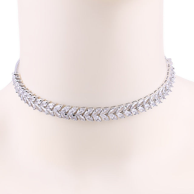 Glam Gold Marquise Leaf Cubic Zirconia Zircon Tennis Choker Necklace