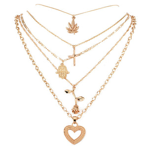 Glam Gold Lotus Cross Palm Flower Heart Necklace