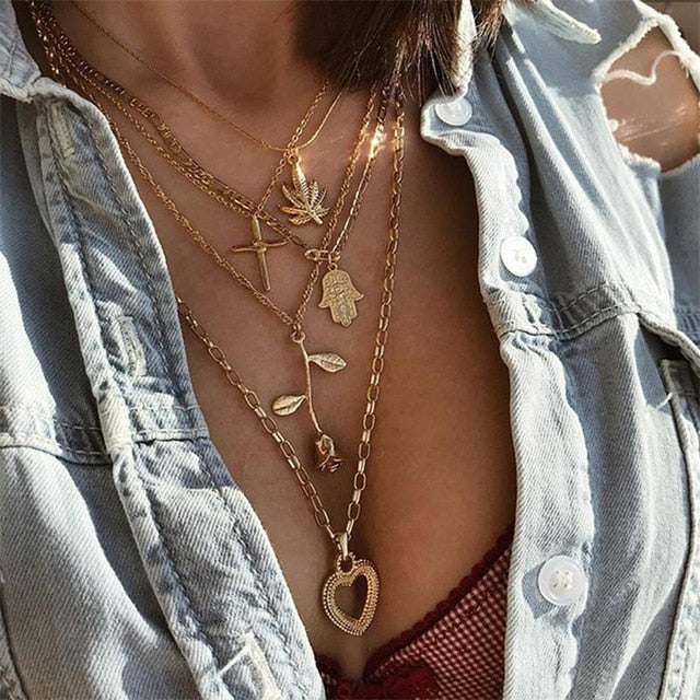 Glam Gold Lotus Cross Palm Flower Heart Necklace