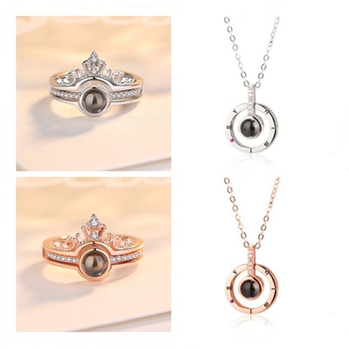 Gold&Silver 100 languages I love you Projection Ring & Necklace Set