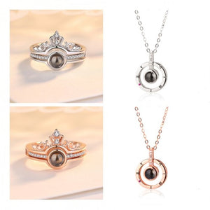 Gold&Silver 100 languages I love you Projection Ring & Necklace Set