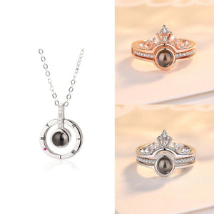 Gold&Silver 100 languages I love you Projection Ring & Necklace Set