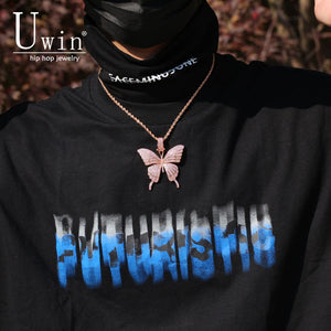 Glam Gold Butterfly Pendant 9mm Rose Gold Cuban Chain