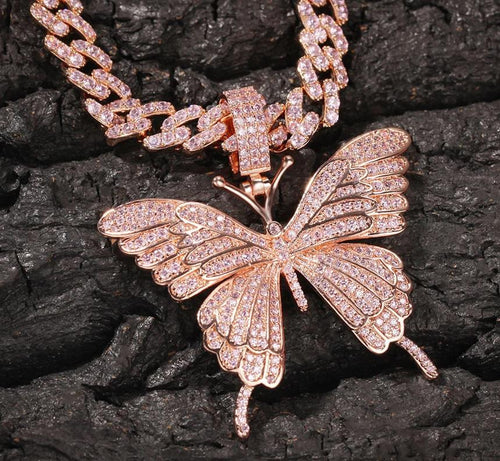 Glam Gold Butterfly Pendant 9mm Rose Gold Cuban Chain