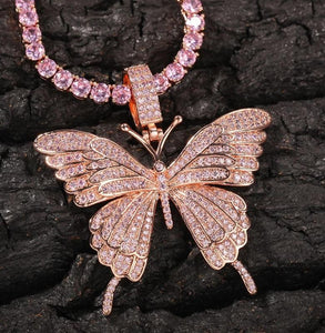 Glam Gold Butterfly Pendant 9mm Rose Gold Cuban Chain