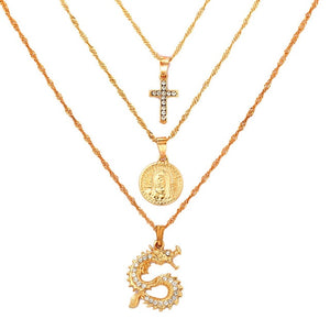 Portrait Coin Cross Crystal Chokers Necklace Set