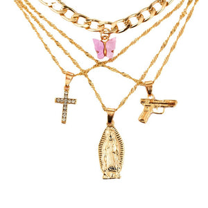 Portrait Coin Cross Crystal Chokers Necklace Set