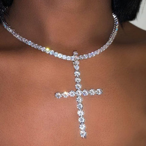 New Multilayer Rhinestone Cross Big Pendant Necklace