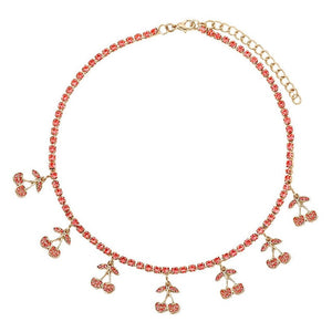 Red Crystal Cherry Leaf Pendant Tennis Necklaces