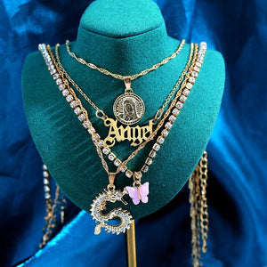 Multilayer Butterfly Crystal Dragon Charms Necklace