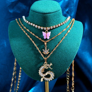 Multilayer Butterfly Crystal Dragon Charms Necklace