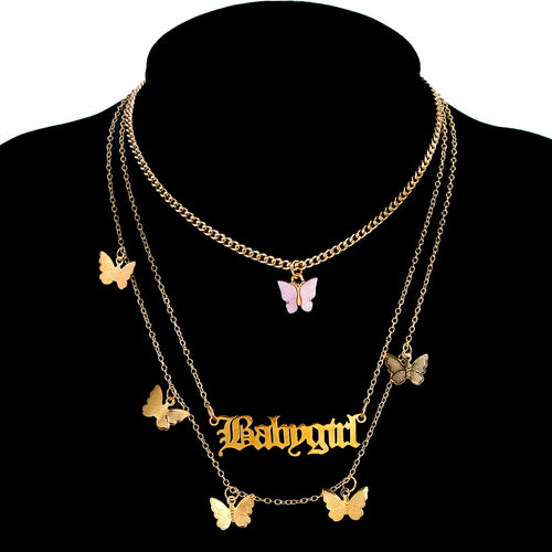 Punk Gold Babygirl Letters Butterfly Pendant Multi layer Necklace