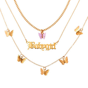 Punk Gold Babygirl Letters Butterfly Pendant Multi layer Necklace
