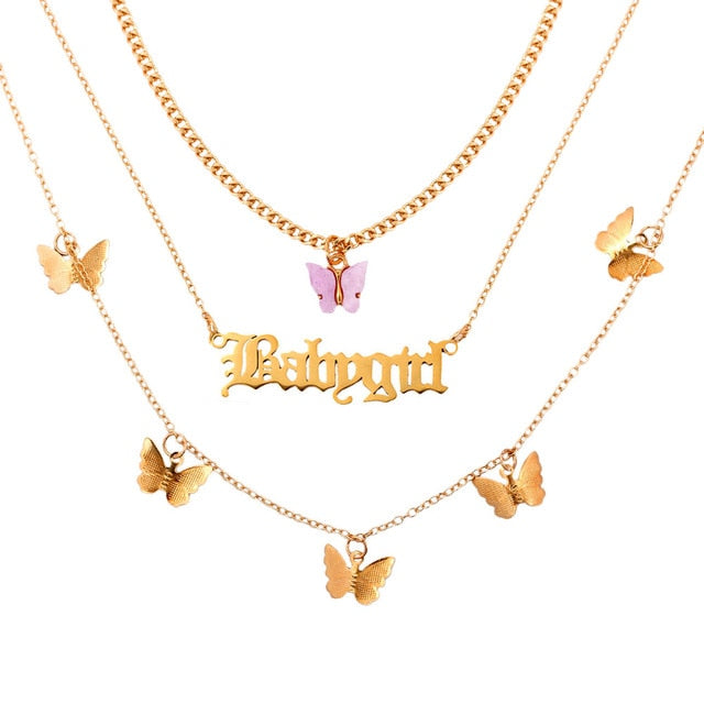 Punk Gold Babygirl Letters Butterfly Pendant Multi layer Necklace