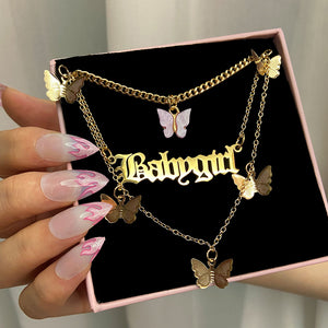Punk Gold Babygirl Letters Butterfly Pendant Multi layer Necklace