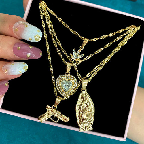 Punk Virgin Maria Pistol Crystal Heart Necklace
