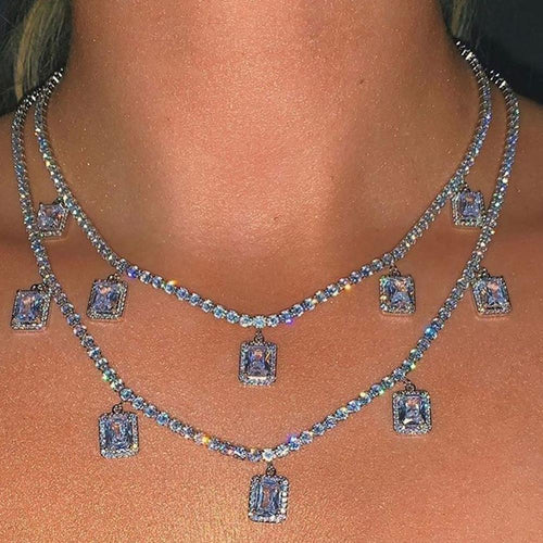 Square Crystal Pendant Shining Rhinestone Tennis Necklaces