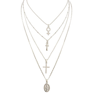 Glam Gold Cross Virgin Mary Pendant Multilayer Necklace
