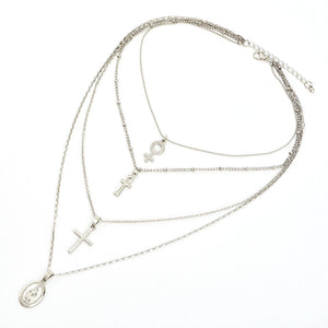 Glam Gold Cross Virgin Mary Pendant Multilayer Necklace