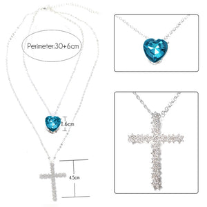 Glam Gold Women Fashion Classic Shining Crystal Cross Heart Pendant Multilayer Necklace