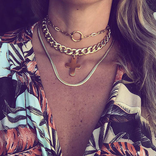Glam Gold Punk Women Gold Chain Cross Round Pendant Clavicle Necklace