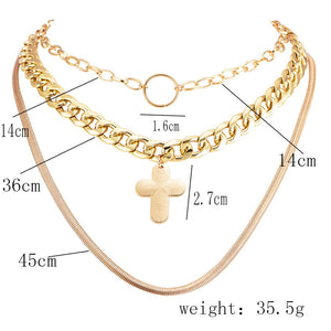 Glam Gold Punk Women Gold Chain Cross Round Pendant Clavicle Necklace