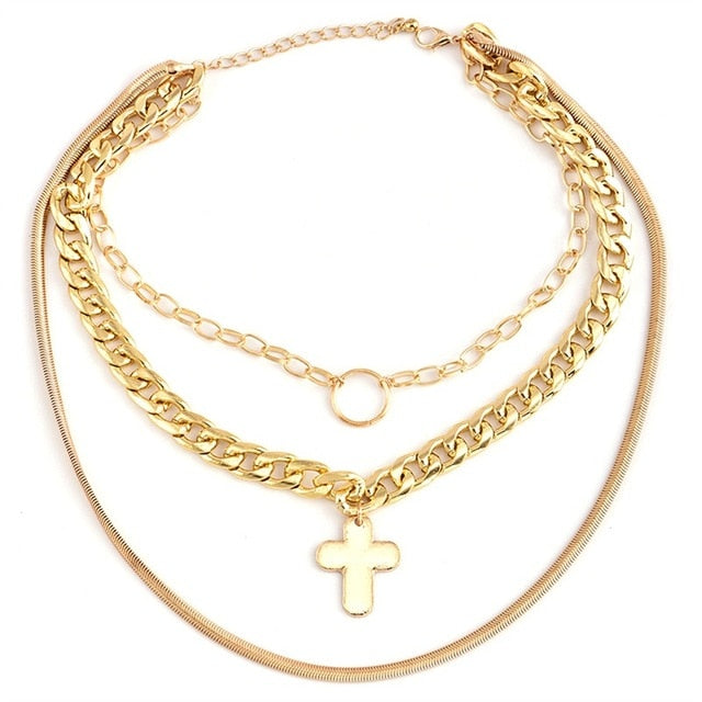 Glam Gold Punk Women Gold Chain Cross Round Pendant Clavicle Necklace