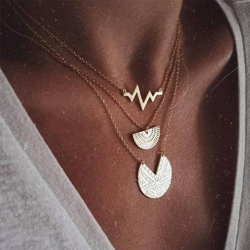 Glam Gold Classic Female Heartbeat Round Geometric Gold Long Necklace