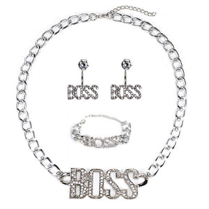 Glam Gold BOSS Luxury Letter Pendant Chain Necklace Set Earrings